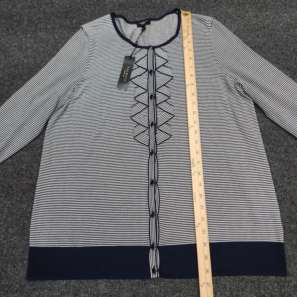Talbots Womens X Navy White 3/4 Sleeve Button Up Cardigan Sweater Coastal Preppy